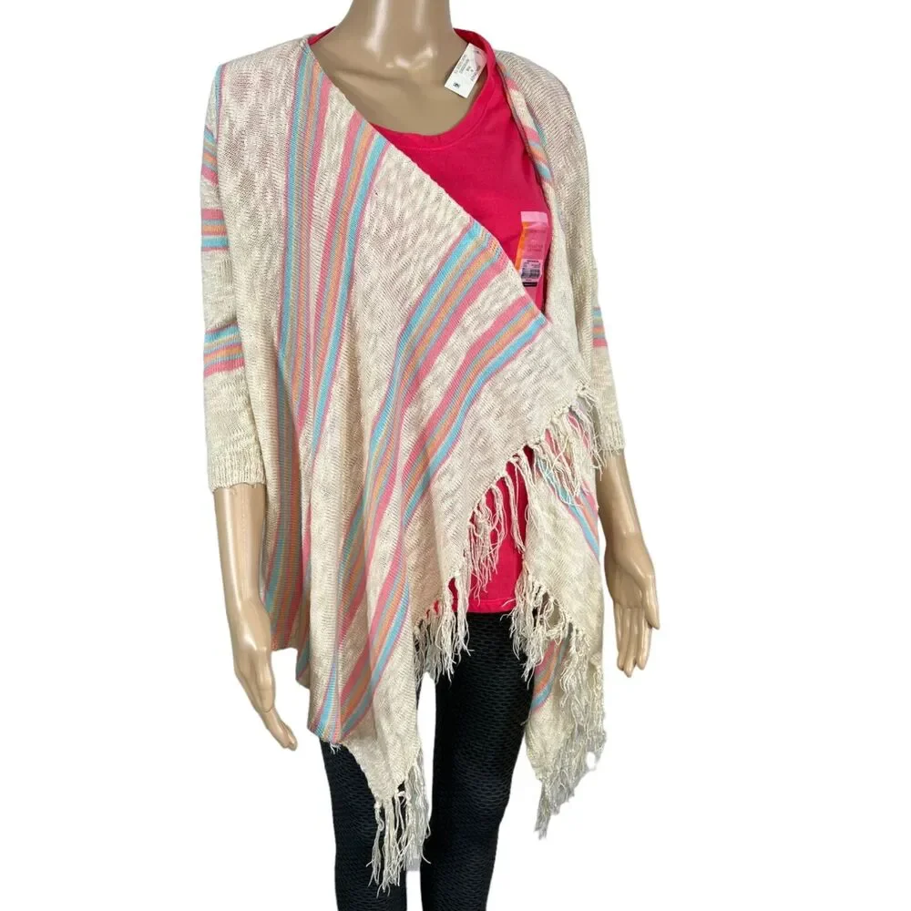 Maurices Womens Cardigan Sweater Crochet Back Striped Fringed Open Front Medium